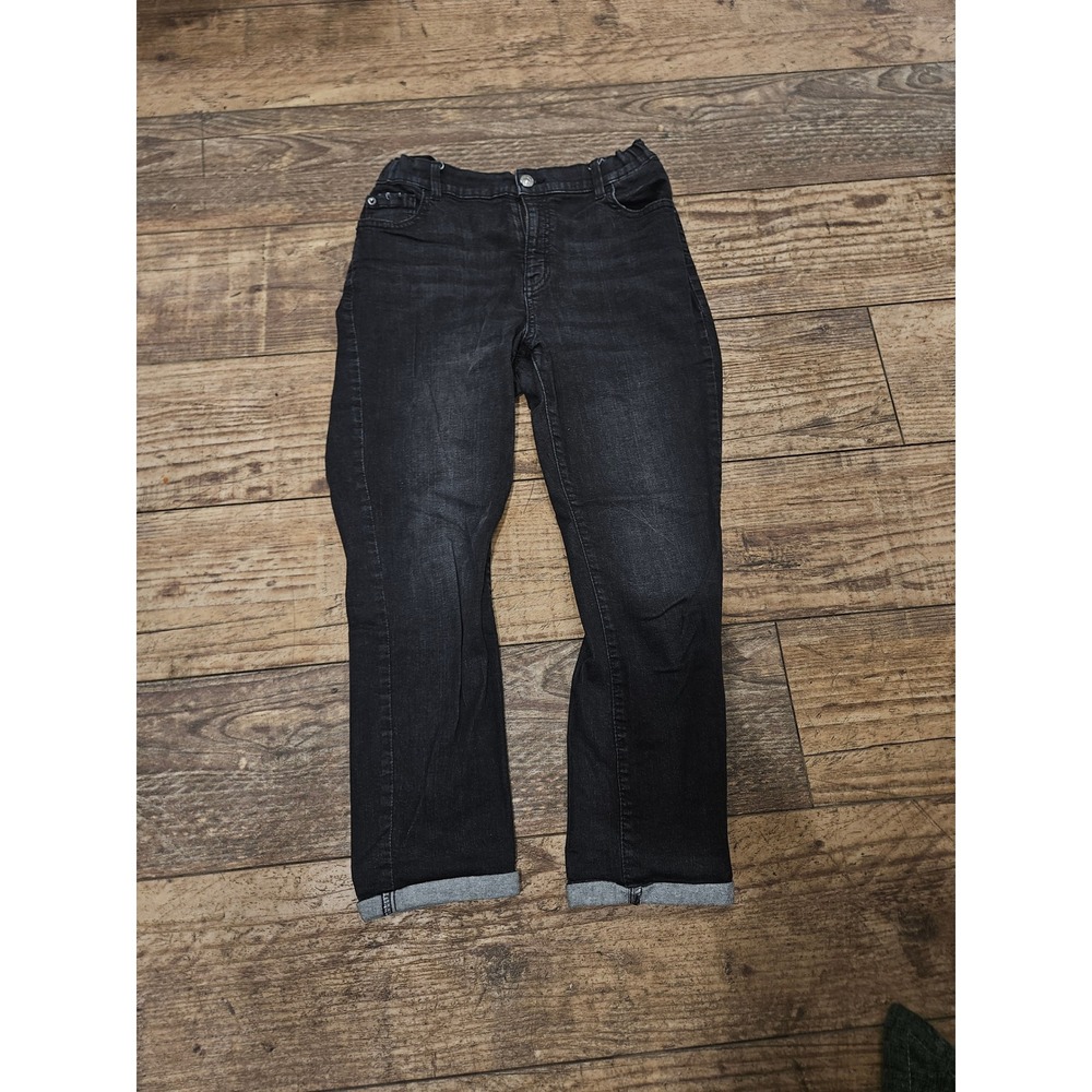 Womens Black Wash Straight Leg Denim Jeans Adjustable Waist Mid Rise Pants